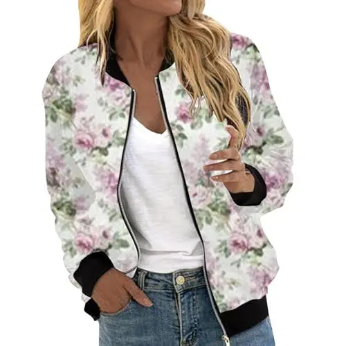 Produktbild: Bomberjacke Damen Kurze Blumenmuster Bluson-Damen Jacke mit Reißverschluss Herbst Frühling College Jacke Übergangsjacke Damen Sommer Casual Jacke Dünne Fliegerjacke Fliegerjacke Bomberjacke