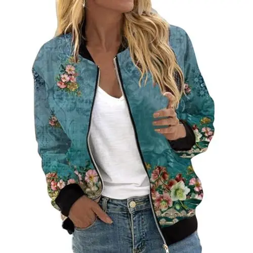 Produktbild: Damen Bomberjacke Kurze Blumenmuster Bluson-Damen Jacke mit Reißverschluss Herbst Frühling College Jacke Übergangsjacke Damen Sommer Casual Pilotenjacke Langarm Outwear Pilotenjacke Bomberjacke