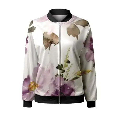 Produktbild: Bomberjacke Damen Kurze Blumenmuster Bluson-Damen Jacke mit Reißverschluss Herbst Frühling Jacket Damen Übergangsjacke Damen Sommer Casual Jacke Dünne Fliegerjacke Pilotenjacke Fliegerjacke