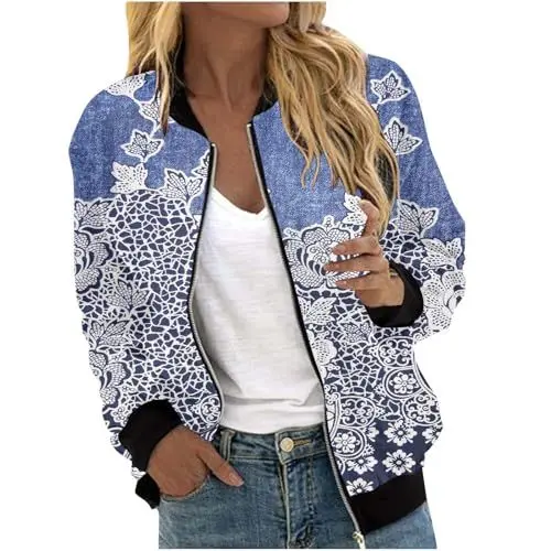 Produktbild: Bomberjacke Damen Sommer Kurze Blouson Jacke Casual Leichte Pilotenjacke Langarm Outwear Zip Up Solid Coat Frühlings Sweatjacke Sweatjacke Pullover Oberteile Sweatshirt (A5-Light Blue, M)