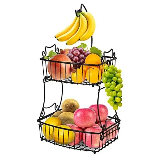 Produktbild: Bomclap Obstkörbe 2 Stöckig Obstkorb Metall Draht mit Bananenhalter Zeitgemäße Obstschalen Gemüsekorb Täglicher Küche Lagerung Früchtekorb (Schwarz)