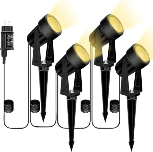 Produktbild: Bomcosy Gartenbeleuchtung, 14M/4er Set Gartenleuchte mit Erdspieß, DC 27V 600LM IP65 Wasserdicht LED Gartenstrahler mit Stecker, Warmweiß Scheinwerfer Gartenlampe Wegbeleuchtung Spot Außenbeleuchtung