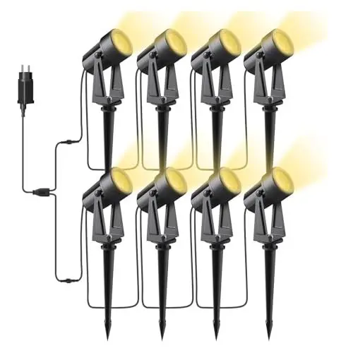 Produktbild: Bomcosy Gartenbeleuchtung, 28M/8er Set Gartenleuchte mit Erdspieß, DC 27V 1600LM IP65 Wasserdicht LED Gartenstrahler mit Stecker, Warmweiß Scheinwerfer Gartenlampe Wegbeleuchtung Spot Halloween Deko