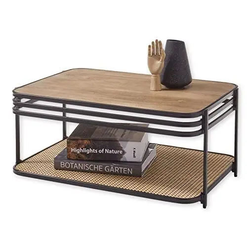 Produktbild: BOMI Couchtisch Massivholz Mango - Hochwertiger Sofatisch mit Ablage aus Wiener Geflecht und schwarzem Metallgestell - 92 x 40 x 60 cm (B/H/T)
