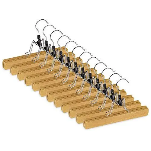 Produktbild: bomoe 12er Set Hosenbügel Natur Bügel Hosenspanner aus Massivholz FSC® Zertifiziert Hosen Kleiderbügel Holzklemmbügel mit Rutschfester Filzeinlage Haken verchromt 360°drehbar Holzbügel Ole