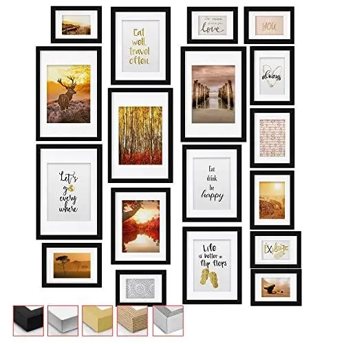 Produktbild: bomoe 18er Bilderrahmen Set – 6x 10x15 cm, 4x 13x18 cm, 4x 18x24 cm, 4x 20x30 cm Fotowand Bilder Set Holz & Kunststoffglas Bilderrahmen - Holzbilderrahmen Bilderrahmen mit Passepartout Schwarz