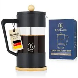Produktbild: BONACE French Press aus Glas | Kaffebereiter für ca. 3 Tassen | Kaffepresse 600ml | Farbe Schwarz | 2 Ersatzfilter aus Edelstahl | mit Bambusuntersetzer | BPA-FREE | Geschenkbox (600ml)