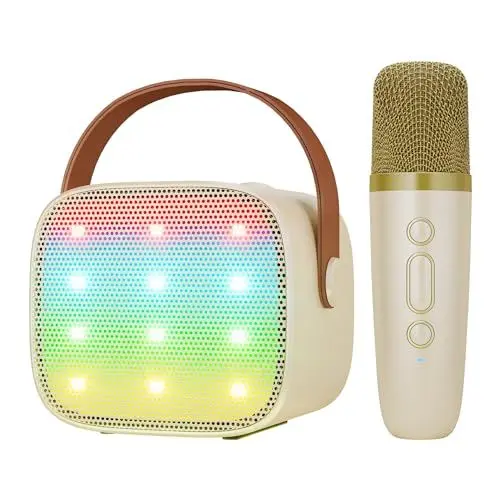 Produktbild: BONAOK Karaoke Mikrofon Kinder Spielzeug, Kabellos Mikrofon Karaokemaschinen Elektronisches Spielzeug, Tragbare Bluetooth Karaoke Maschine Lautsprecher mit Mikrofon & LED-Lichteffekten(Beige)