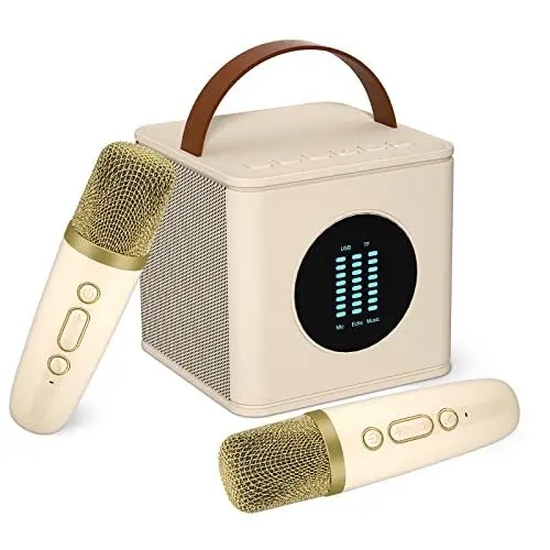 Produktbild: BONAOK Kinder Karaoke Mikrofon Machine, Tragbare LED Kinder Party Mikrofon Lautsprecher, Mikrofon Singen Kinder Erwachsene Heim KTV Karaoke Gerät, Karaoke Machine Mit Led, Kinder Spielzeug(Beige)