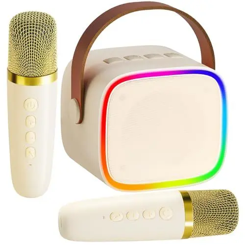 Produktbild: BONAOK Mikrofon Karaoke Maschine 2 Mikrofon, Bluetooth Karaokemaschinen für Kinder Erwachsene, Tragbarer Karaoke-Player Mikrofon zum Aufladen, Kinder Elektronisches Spielzeug (Beige)