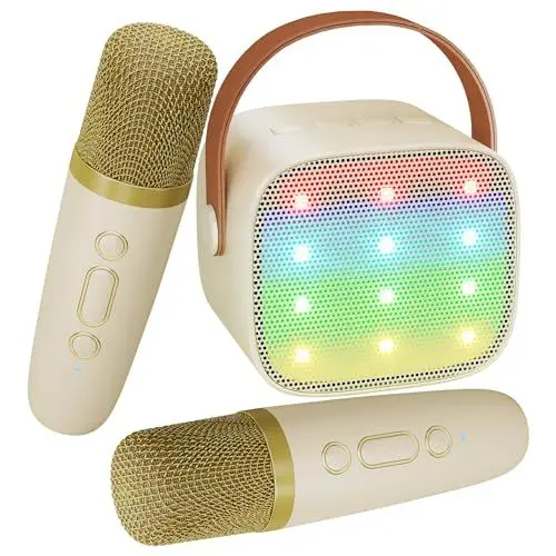 Produktbild: BONAOK Mikrofon Karaoke Spielzeug 2 Mikrofon, Bluetooth Karaokemaschinen für Kinder Erwachsene, Karaoke-Player Mikrofon zum Aufladen, Kinder Elektronisches Spielzeug (Beige)