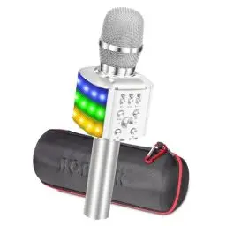 Produktbild: BONAOK Mikrofon mit Lautsprecher Led, Tragbares 4 in 1 Mikrofon Kinder mit Aufnahmefunktion, Zuhause Party Karaoke Dynamische Bluetooth Mikrofone für Android/iOS (Q36 Silber)