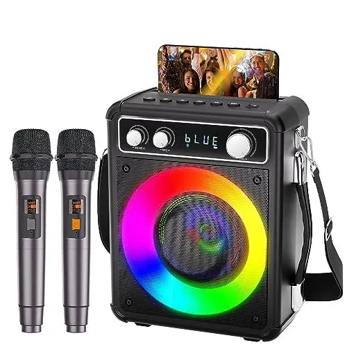 Produktbild: BONAOK Karaoke Mikrofon Erwachsene, Tragbare Karaoke-Maschine, Bluetooth-Karaoke-System mit 2 Mikrofonen, wiederaufladbare Party-Karaoke-Lautsprecher-Maschine, 15 Watt Musik-Box mit Lichteffekt T03
