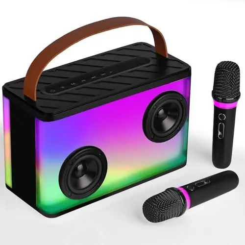 Produktbild: BONAOK Tragbare Karaoke-Maschine, Erwachsene Karaoke Mikrofon mit Box Bluetooth Lautsprech mit 2 Mikrofon, Party Karaoke Angle mit Lichter, Karaoke System für Zuhause Party Picknick Draußen(Schwarz)
