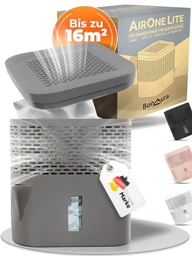 Produktbild: BonAura® AirOne Lite Badezimmer & Küche Luftentfeuchter ohne Strom mit 360° Belüftung I Raumentfeuchter mit Ausgießer & 450g Luftentfeuchter Granulat I Raum Entfeuchter bis 16m²