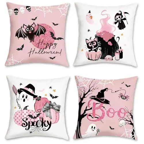 Produktbild: Bonhause 4er Set Kissenbezüge Halloween Happy 45 x 45 cm Kürbis Katze Geist Spooky Rosa Dekorative Kissenhülle Zierkissenbezüge für Sofa Schlafzimmer Zuhause Dekoration