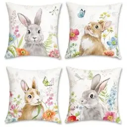 Produktbild: Bonhause 4er Set Kissenbezüge Blumen Hase 45 x 45 cm Grau Braun Kaninchen Dekorative Kissenhülle Zierkissenbezüge für Sofa Schlafzimmer Zuhause Garten Dekoration