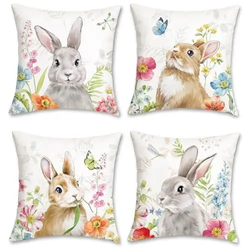 Produktbild: Bonhause 4er Set Kissenbezüge Blumen Hase 45 x 45 cm Grau Braun Kaninchen Dekorative Kissenhülle Zierkissenbezüge für Sofa Schlafzimmer Zuhause Garten Dekoration