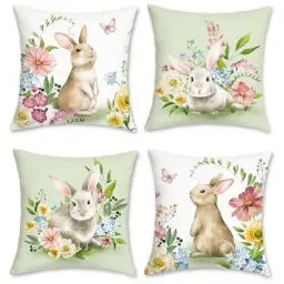 Produktbild: Bonhause 4er Set Kissenbezüge Frühlings Hase 45 x 45 cm Kaninchen Blumen Dekorative Kissenhülle Grün Zierkissenbezüge für Sofa Schlafzimmer Wohnzimmer Garten Zuhause Dekoration