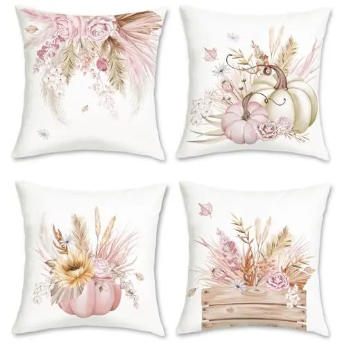 Produktbild: Bonhause 4er Set Kissenbezüge Herbst Kürbis 45 x 45 cm Beige Rosa Blumen Blätter Dekorative Kissenhülle Zierkissenbezüge für Sofa Schlafzimmer Zuhause Garten Dekoration