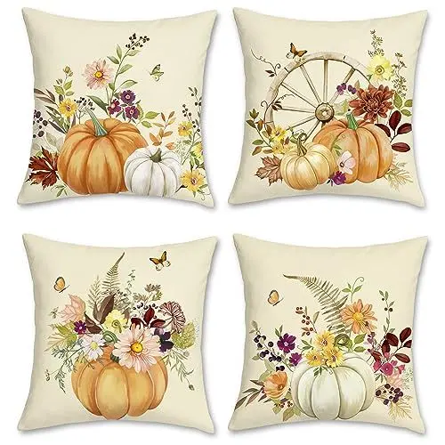 Produktbild: Bonhause 4er Set Kissenbezüge Herbst Kürbis 45 x 45 cm Blumen Blätter Samt Soft Dekorative Kissenhülle Zierkissenbezüge für Sofa Schlafzimmer Garten Zuhause Dekoration