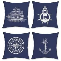 Produktbild: Bonhause 4er Set Kissenbezüge Nautisch Maritim 45 x 45 cm Doppelseitig Anker Segelboot Kompass Polyester Leinen Dekorative Kissenhülle Zierkissenbezüge für Sofa Wohnzimmer Zuhause Dekoration