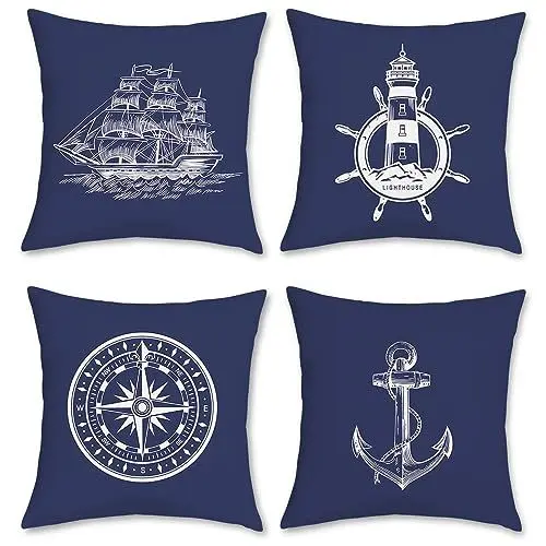 Produktbild: Bonhause 4er Set Kissenbezüge Nautisch Maritim 45 x 45 cm Doppelseitig Anker Segelboot Kompass Polyester Leinen Dekorative Kissenhülle Zierkissenbezüge für Sofa Wohnzimmer Zuhause Dekoration