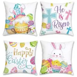 Produktbild: Bonhause 4er Set Kissenbezüge Ostern Frohe 45 x 45 cm Ostereier Hase Gnom Frühling Dekorative Kissenhülle Zierkissenbezüge für Sofa Schlafzimmer Zuhause Frühling Ostern Dekoration
