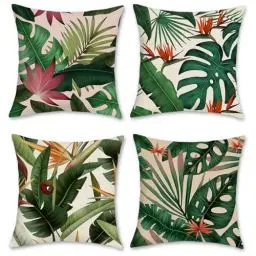 Produktbild: Bonhause 4er Set Kissenbezüge Tropische Blätter 45 x 45 cm Grüne Blätter Pflanzen Polyester Leinen Dekorative Kissenhülle Sommer Zierkissenbezüge für Garten Outdoor Wohnzimmer Zuhause Dekoration