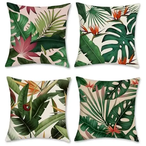 Produktbild: Bonhause 4er Set Kissenbezüge Tropische Blätter 45 x 45 cm Grüne Blätter Pflanzen Polyester Leinen Dekorative Kissenhülle Sommer Zierkissenbezüge für Garten Outdoor Wohnzimmer Zuhause Dekoration