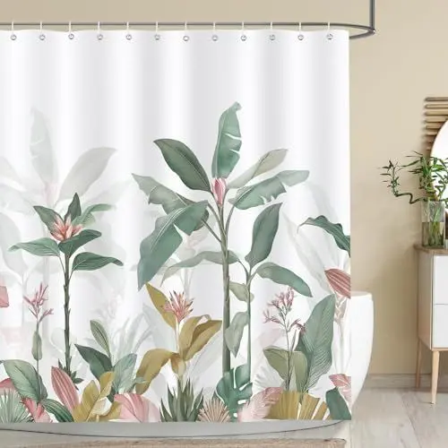 Produktbild: Bonhause Duschvorhang 180 x 180 cm Anti-Schimmel Duschvorhänge Tropische Blätter Pflanzen Shower Curtain Wasserdicht Polyester Stoff Waschbar Bad Vorhäng für Badzimmer mit 12 Haken