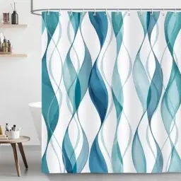 Produktbild: Bonhause Duschvorhang 180 x 180 cm Wasserdicht Anti-Schimmel Gestreift Blau Grün Duschvorhänge Polyester Stoff Waschbar Bad Vorhäng für Badzimmer mit 12 Duschvorhangringe Modern Abstrakt