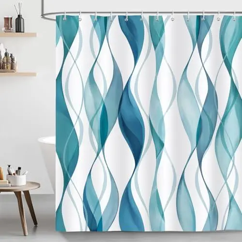 Produktbild: Bonhause Duschvorhang 180 x 180 cm Wasserdicht Anti-Schimmel Gestreift Blau Grün Duschvorhänge Polyester Stoff Waschbar Bad Vorhäng für Badzimmer mit 12 Duschvorhangringe Modern Abstrakt