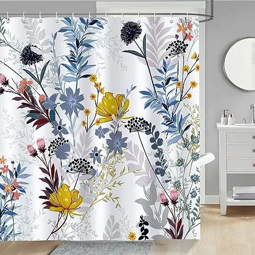 Produktbild: Bonhause Duschvorhang Blumen Blätter Wilde Pflanzen Duschvorhänge 180 x 180 cm Anti-Schimmel Wasserdicht Polyester Stoff Waschbar Bad Vorhäng für Badzimmer mit 12 Haken