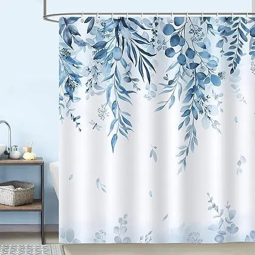Produktbild: Bonhause Duschvorhang Eukalyptus Blaue Blätter Pflanze Duschvorhänge 180 x 180 cm Anti-Schimmel Wasserdicht Polyester Stoff Waschbar Bad Vorhäng für Badzimmer mit 12 Haken