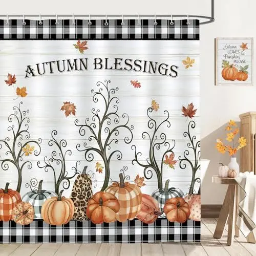 Produktbild: Bonhause Duschvorhang Herbst Kürbis Ahornblätter Baum Bauernhaus Duschvorhänge 180 x 180 cm Anti-Schimmel Wasserdicht Polyester Stoff Waschbar Bad Vorhäng für Badzimmer mit 12 Haken