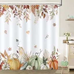 Produktbild: Bonhause Duschvorhang Herbst Kürbis Ahornblätter Erntedankfest Pflanzen Duschvorhänge 180 x 180 cm Anti-Schimmel Wasserdicht Polyester Stoff Waschbar Bad Vorhäng für Badzimmer mit 12 Haken