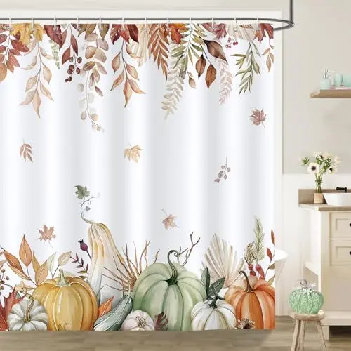 Produktbild: Bonhause Duschvorhang Herbst Kürbis Ahornblätter Erntedankfest Pflanzen Duschvorhänge 180 x 180 cm Anti-Schimmel Wasserdicht Polyester Stoff Waschbar Bad Vorhäng für Badzimmer mit 12 Haken