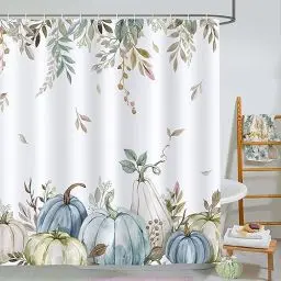 Produktbild: Bonhause Duschvorhang Herbst Kürbis Grünes Blatt Ernte Erntedankfest Duschvorhänge 180 x 180 cm Anti-Schimmel Wasserdicht Polyester Stoff Waschbar Bad Vorhäng für Badzimmer mit 12 Haken