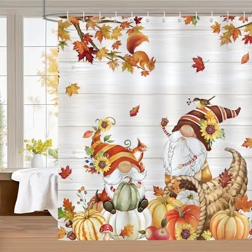 Produktbild: Bonhause Duschvorhang Herbst Kürbis Zwerge Ahornblätter Duschvorhänge 180 x 180 cm Anti-Schimmel Wasserdicht Polyester Stoff Waschbar Bad Vorhäng für Badzimmer mit 12 Haken
