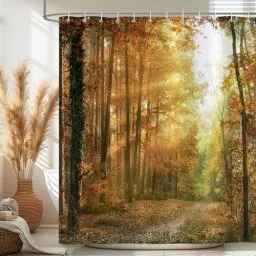 Produktbild: Bonhause Duschvorhang Herbst Wald Baum Sonnenlicht Natur Landschaft Duschvorhänge 180 x 180 cm Anti-Schimmel Wasserdicht Polyester Stoff Waschbar Bad Vorhäng für Badzimmer mit 12 Haken