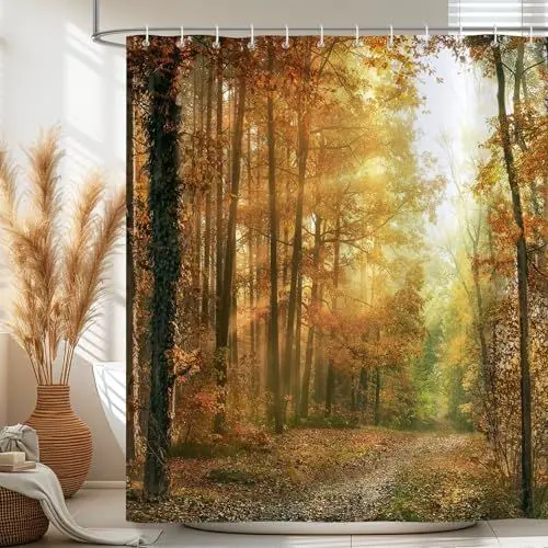 Produktbild: Bonhause Duschvorhang Herbst Wald Baum Sonnenlicht Natur Landschaft Duschvorhänge 180 x 180 cm Anti-Schimmel Wasserdicht Polyester Stoff Waschbar Bad Vorhäng für Badzimmer mit 12 Haken