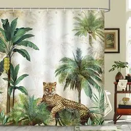Produktbild: Bonhause Duschvorhang Leopard im Dschungel Tropische Palme Duschvorhänge 180 x 180 cm Anti-Schimmel Wasserdicht Polyester Stoff Waschbar Bad Vorhäng für Badzimmer mit 12 Haken