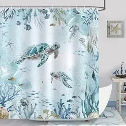 Produktbild: Bonhause Duschvorhang Meeresschildkröte Blauer Ozean Strand Küste Duschvorhänge 180 x 200 cm Anti-Schimmel Wasserdicht Polyester Stoff Waschbar Bad Vorhäng für Badzimmer mit 12 Haken