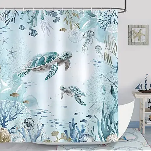 Produktbild: Bonhause Duschvorhang Meeresschildkröte Blauer Ozean Strand Küste Duschvorhänge 180 x 200 cm Anti-Schimmel Wasserdicht Polyester Stoff Waschbar Bad Vorhäng für Badzimmer mit 12 Haken