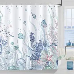 Produktbild: Bonhause Duschvorhang Nautische Küste Strand Koralle Seepferdchen Seestern Duschvorhänge 180 x 180 cm Anti-Schimmel Wasserdicht Polyester Stoff Waschbar Bad Vorhäng für Badzimmer mit 12 Haken