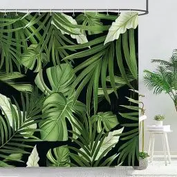Produktbild: Bonhause Duschvorhang Tropische Palmblätter Grüne Pflanze 180 x 180 cm Duschvorhänge Anti-Schimmel Wasserdicht Polyester Stoff Waschbar Bad Vorhang für Badzimmer mit 12 Haken