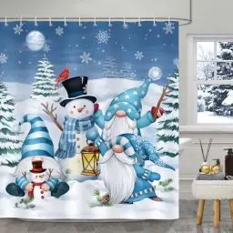 Produktbild: Bonhause Duschvorhang Weihnachten GNOME Schneemann Winter Kiefern Schneeflocken Duschvorhänge 180 x 180 cm Anti-Schimmel Wasserdicht Polyester Stoff Waschbar Bad Vorhäng für Badzimmer mit 12 Haken