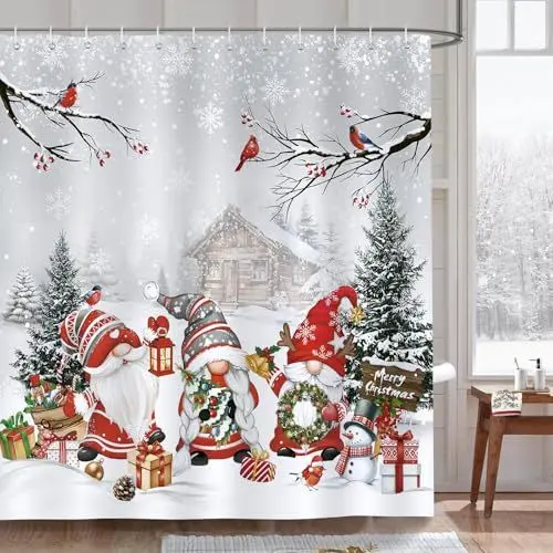 Produktbild: Bonhause Duschvorhang Weihnachten GNOME Xmas Kiefern Kardinal Bauernhaus Winter Duschvorhänge 180 x 180 cm Anti-Schimmel Wasserdicht Polyester Stoff Waschbar Bad Vorhäng für Badzimmer mit 12 Haken