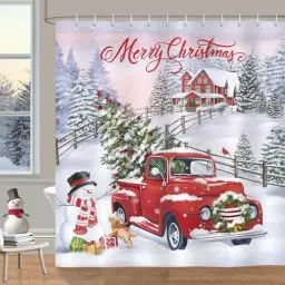 Produktbild: Bonhause Duschvorhang Weihnachten Rot LKW Xmas Baum Schneemann Winterurlaub Duschvorhänge 180 x 180 cm Anti-Schimmel Wasserdicht Polyester Stoff Waschbar Bad Vorhäng für Badzimmer mit 12 Haken